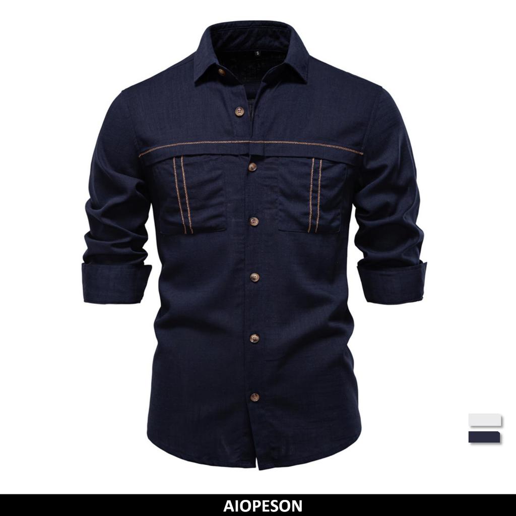 AIOPESON Spring Men's Long-Sleeve Solid Color Pocket Linen Shirt For Casual Comfort And Style Breathable Male Shirts