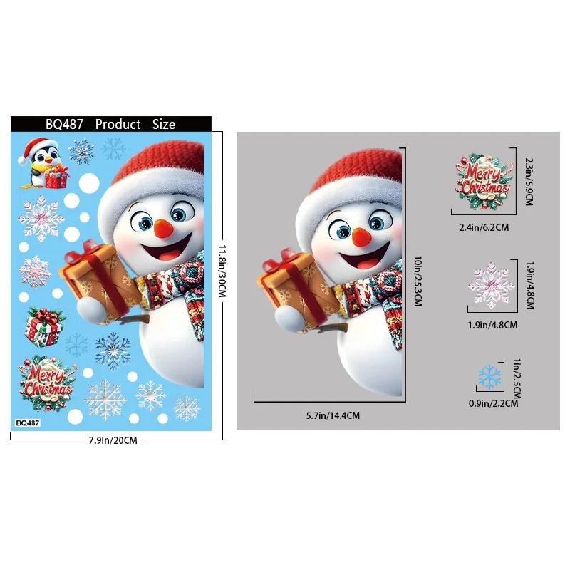 3D Christmas Window Stickers Electrostatic Cling with Santa Claus Snowman Snowflakes for Home Office Party Decor Reusable