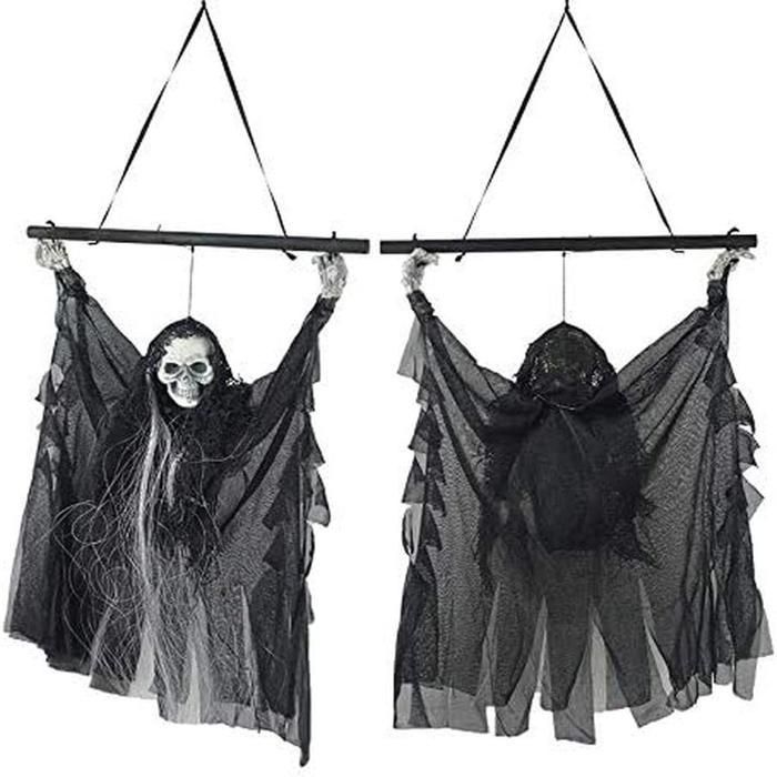 Décoration d'Halloween suspendue - AIMOONSA - Fantôme squelette électrique - Yeux lumineux rouges - Voix effrayante - 35 x 23 cm