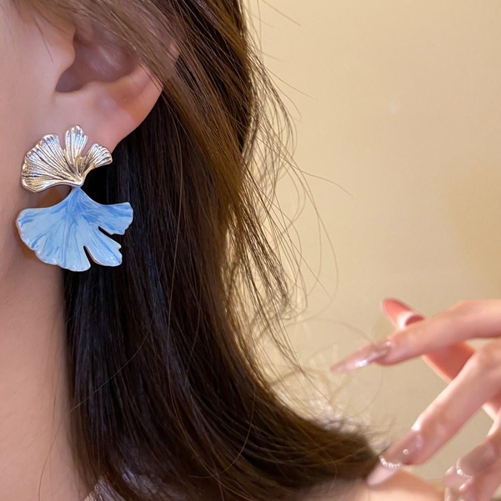 Fashion Double-layer Ginkgo Earrings Leaf Fan Shaped Blue Silver Ginkgo Ear Pendant Alloy Oil Drip Earrings Jewelry Party