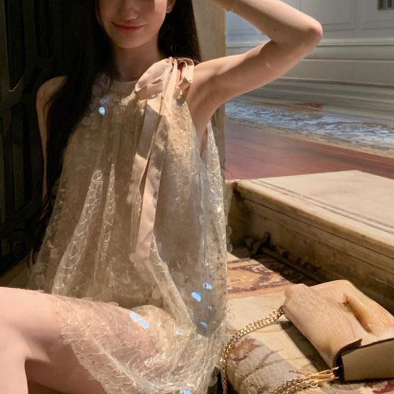 Francouzský flitr 2000 Vintage šaty Y2k Ženy Plážový styl Mini šaty bez rukávů 2024 Léto Nové Slim Fit Krátké šaty na párty