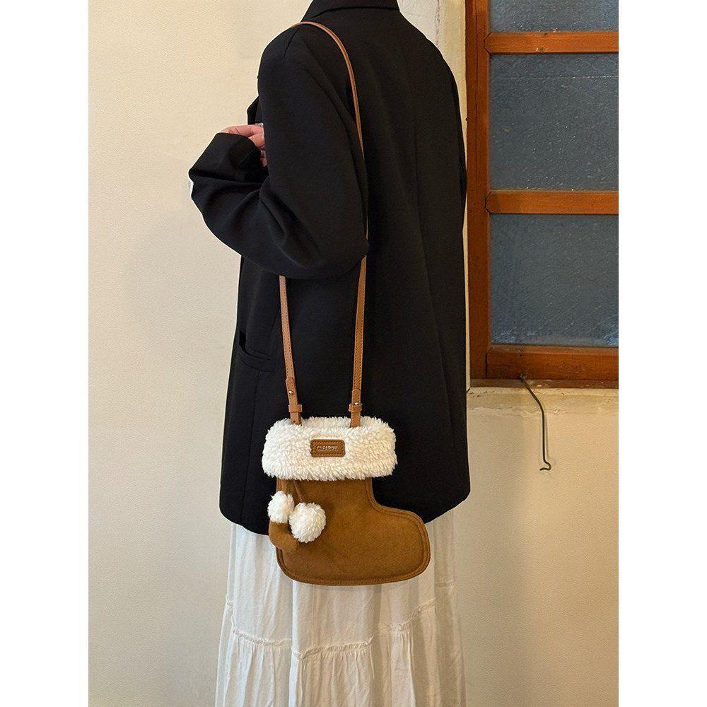 Cute Plush Boots with A Lamb Fur Crossbody Bag for A Small and Unique Design Phone Case.