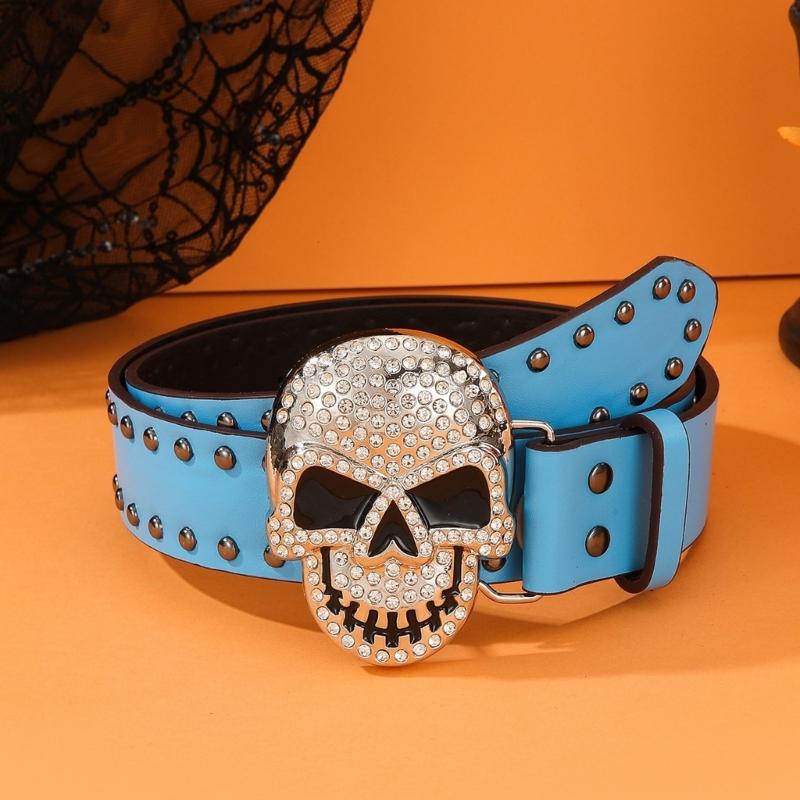 Rhinestones Skull Buckle Belt for Women Men with Rivet Studded Hiphop Belt for Jeans Popular Rockers Waist Accessories