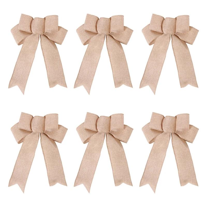 

6pcs Christmas Tree Bows DIY Wreath Garland Ornaments Merry Christmas Linen Bowknot Decorations for Home New Year