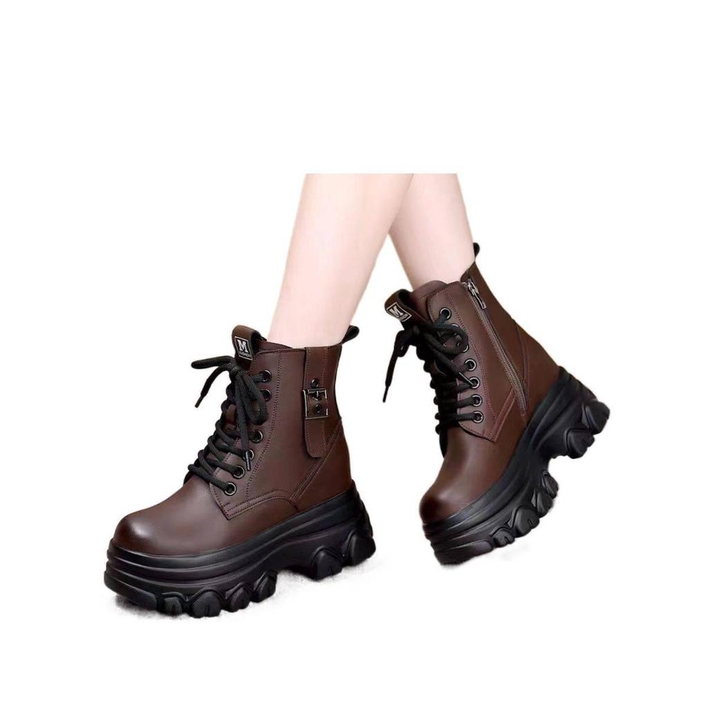 Genuine Leather Height-Boosting Women's Ankle Boots - Thick Sole, Non-Slip, Warm, Plus Velvet Lining for Autumn/Winter