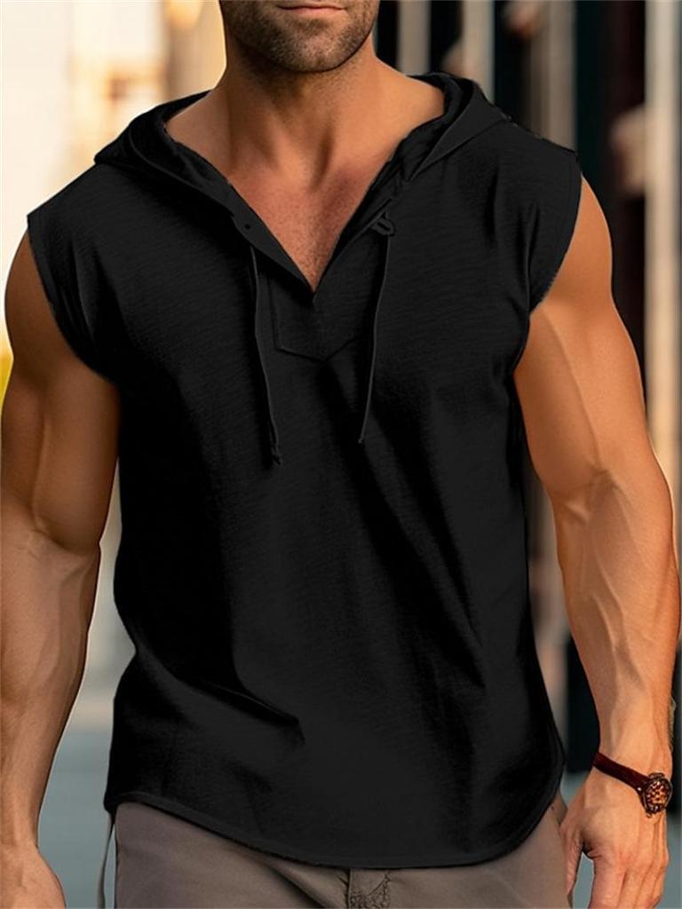 2026 Men's Sleeveless Fitness Drawstring Solid Color Hooded Vest