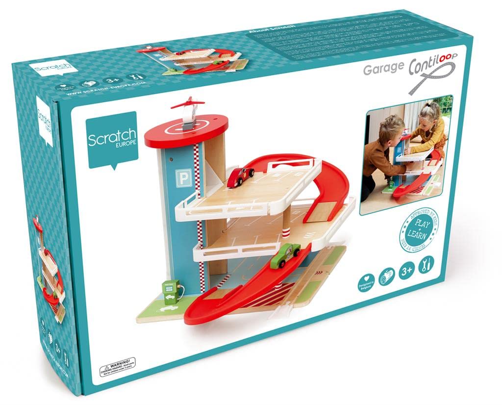 Scratch Wooden Multi-Story Parking Lot with Elevator, Wooden Toy, Ride-On Slope Toy, 6181085, Authentic