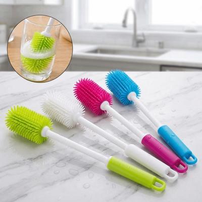 Non-Slip Grip 360-Degree Rotating Cleaning Brush Long Handle Silicone Cup Brush  For Narrow Bottles
