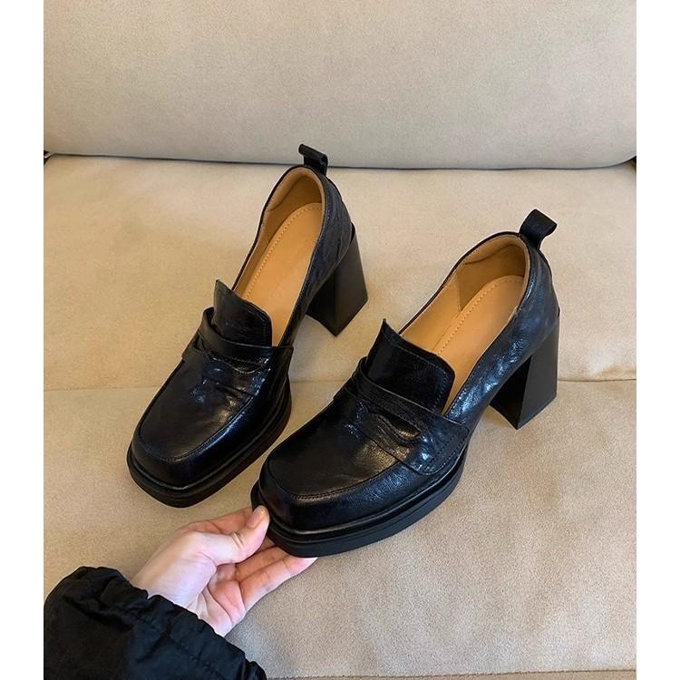 [Spot~~] Retro British style women's shoes high-heeled small leather shoes women's platform one-pedal loafers thick-heeled single shoes