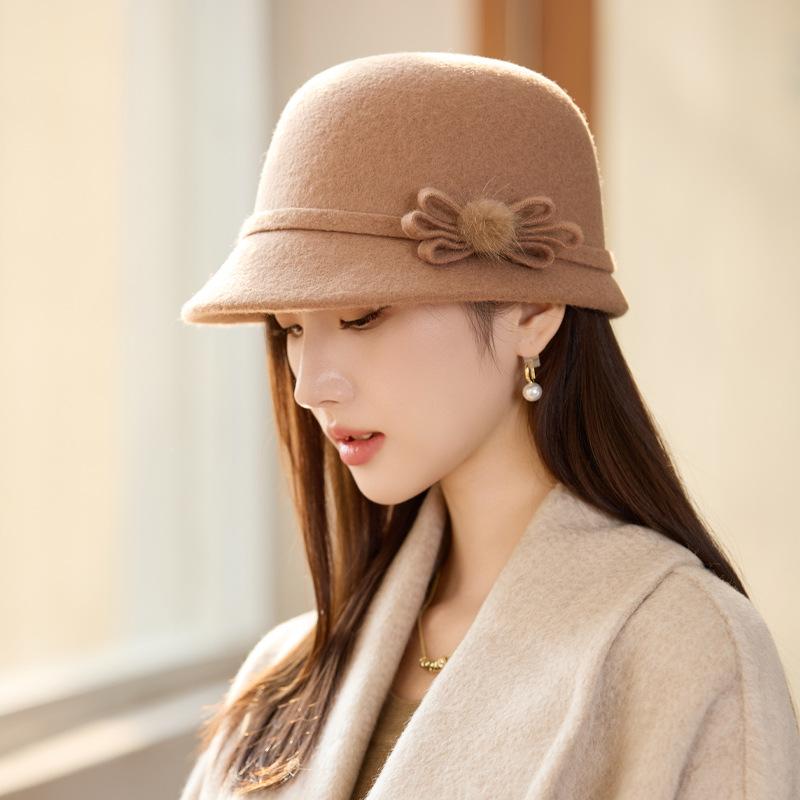 New Hat Women's Elegant Retro Basin Hat Wool Woolen Mother Hat Classic Bow Thermal Hat