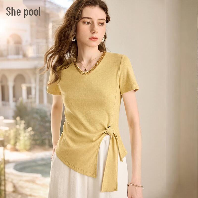 She Chi Women s Sequin Beaded V-Neck Irregular Hem Top XL