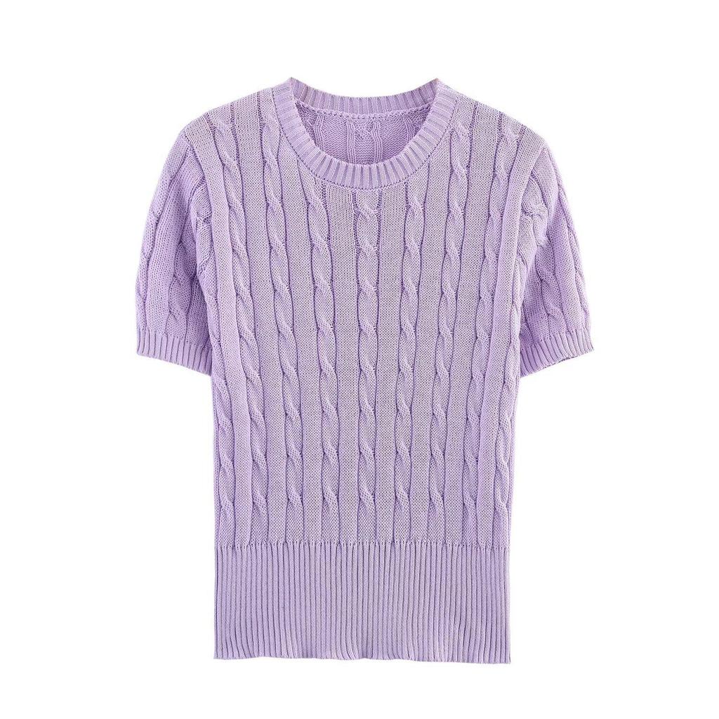 Spring 2025 Women's European-American Style Eight-Strand Braid Knit Top - Slimming, Short Sleeve, Round Neck