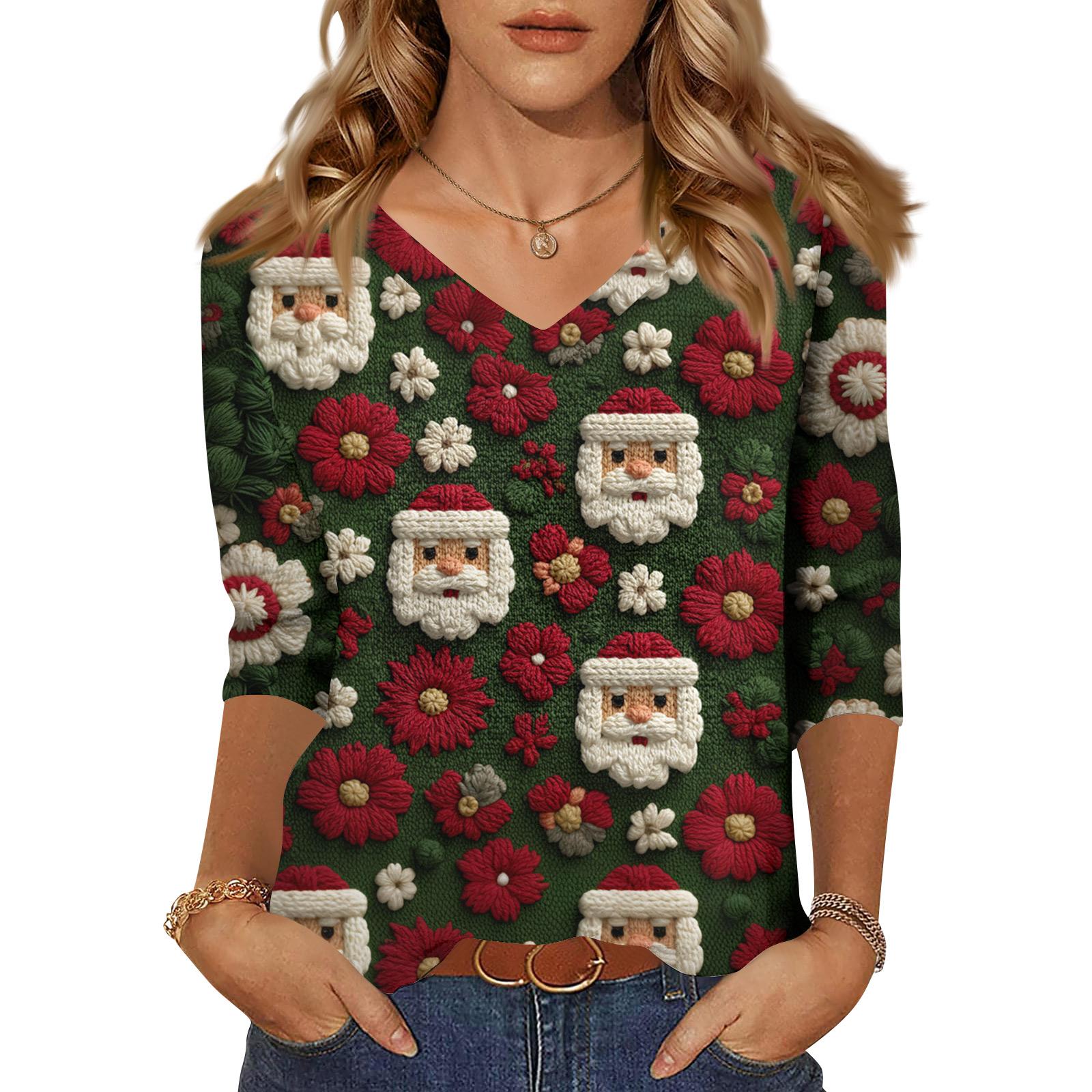 

Женские топы Рубашка с рукавом три четверти V-образный вырез Свободная повседневная рубашка Футболка с принтом XL винный