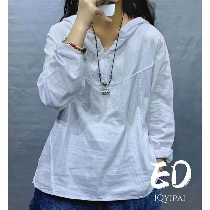 

Solid Color Double Yarn Cotton Knit Hoodie: Women s Slim-Fit Long Sleeve T-shirt for Spring and Autumn One Size білий