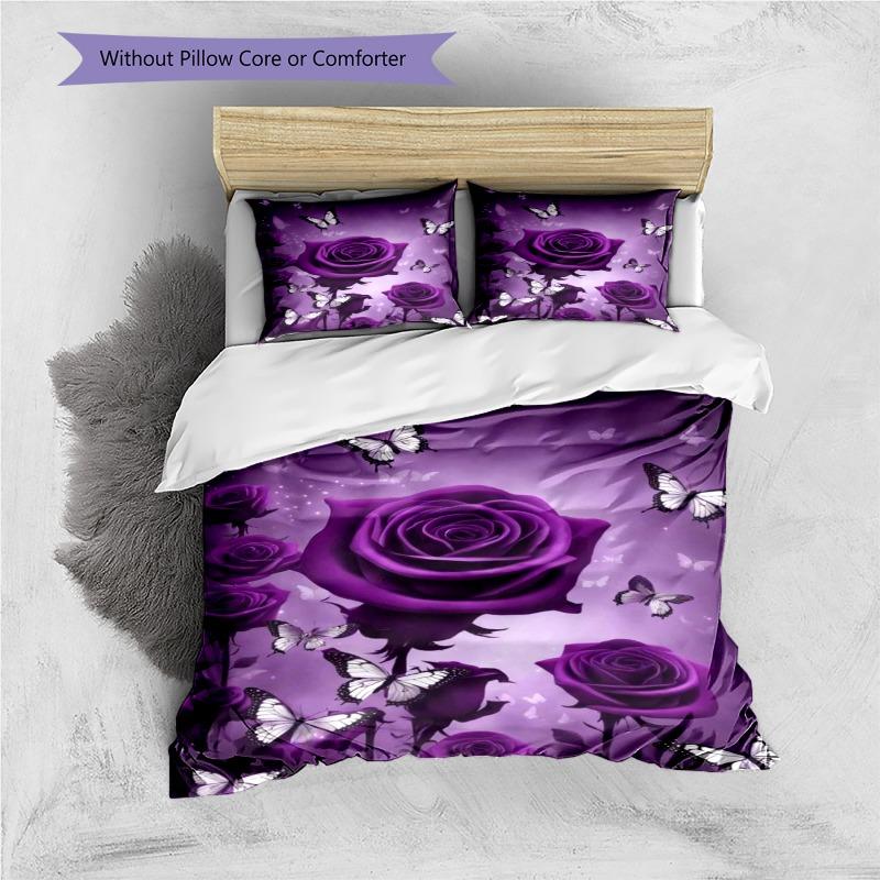 Purple Rose Flower White Butterfly Glitter Print 3 Pieces Duvet Cover Set Floral Nature Bedding Bedroom Home Decor Without Pillow Core Comforter