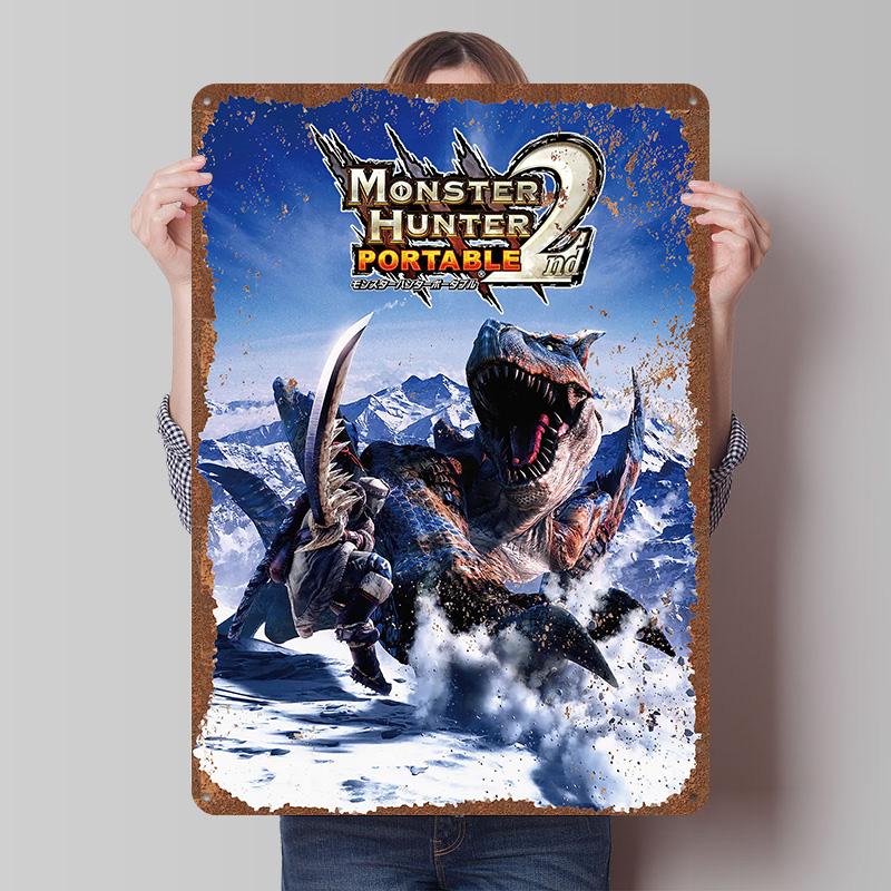 MMonster Hunter Tinplate Posters Custom Wall Art Vintage Metal Signs Retro Tin Plaque for Gaming Decoration Room Bar Accessories