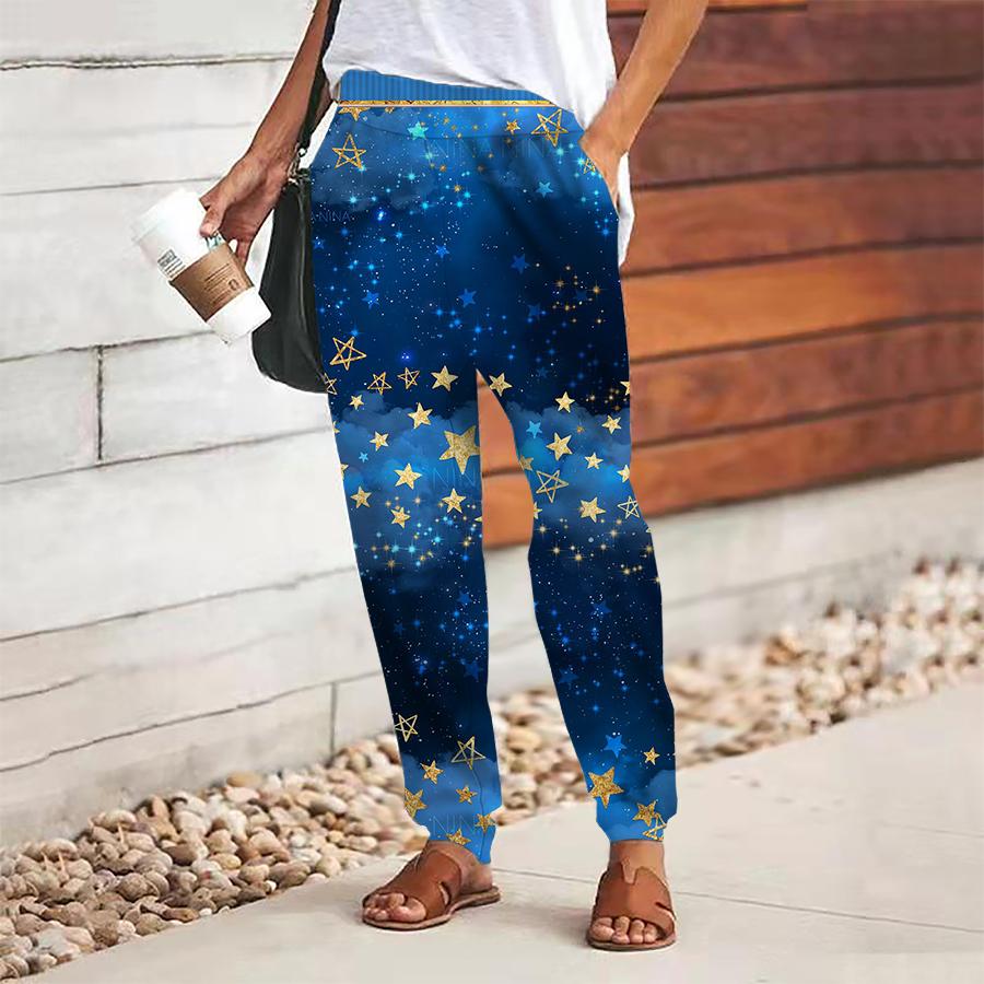 

Women Star Printing Pants Lace Up Elastic Waist Loose Trousers Casual Long Pants Trousers with Pockets XS синий