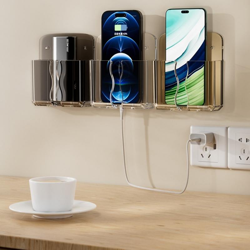 Adhesive Wall Phone Holder Space Saving Design for Home Office Organizing with Charging Slot and Multifunctional Storage