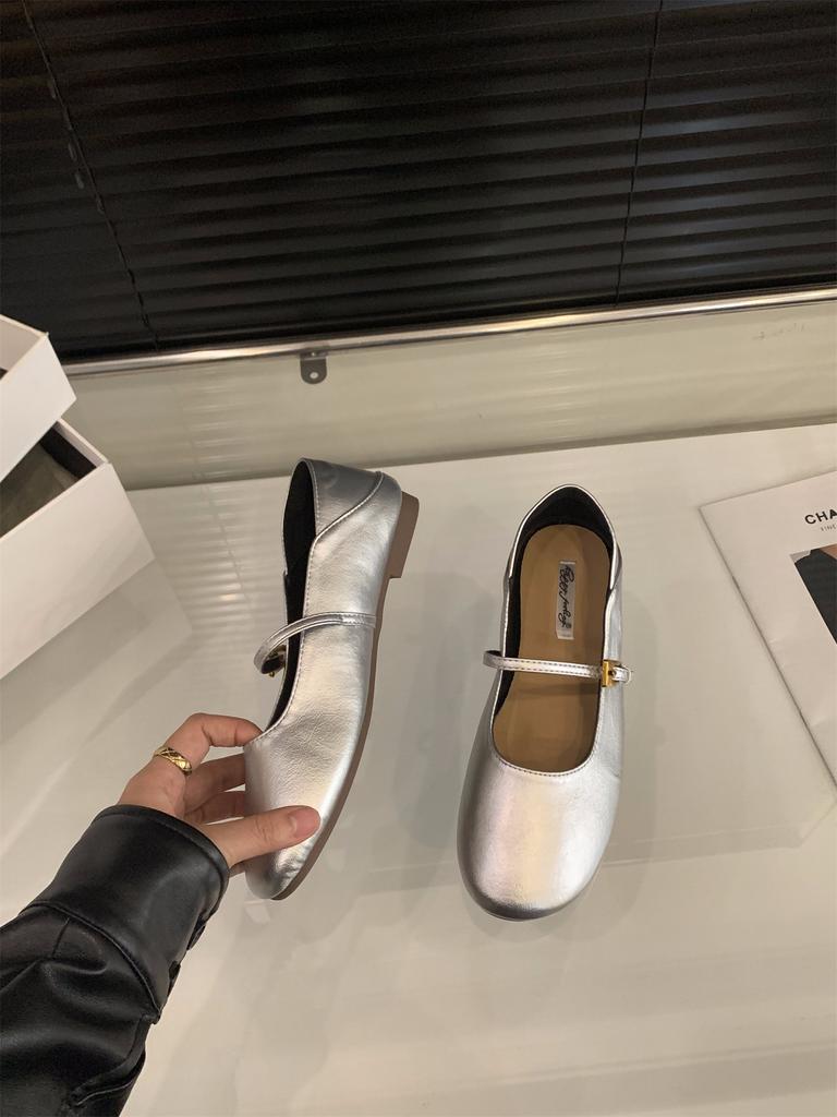 French flat silver Mary Jane single shoes women's shoes 2025 spring and autumn ballet evening shoes black commuter shoes