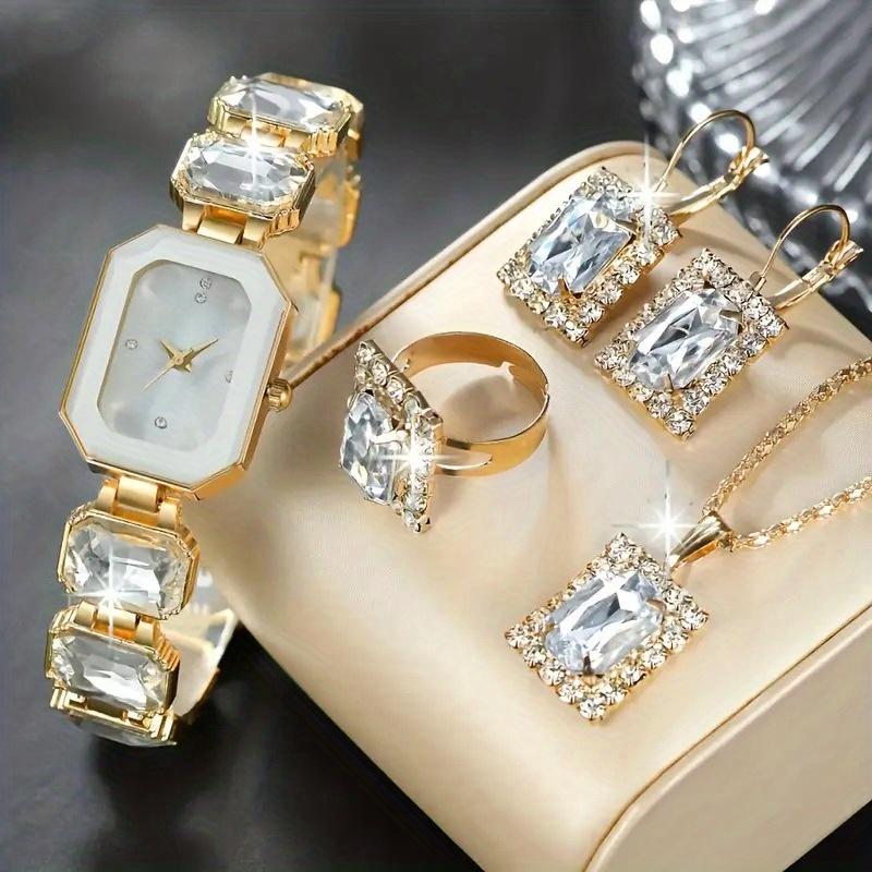 5-teiliges Luxus-Bohemian/Elegantes Schmuck- und Uhren-Set für Damen mit passendem Armband aus Legierung, Halskette, Ring, Ohrringen und quadratischer Uhr