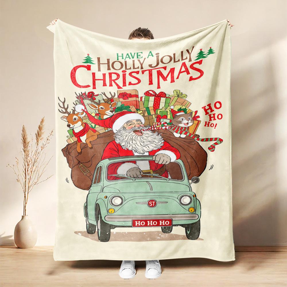 Christmas Flannel Blanket Santa Claus Puppy Soft Milu Deer, Warm Throw Blanket Winter New Year Gift For Kids, Couch Sofa Decor