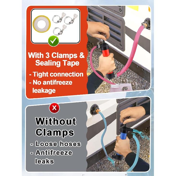 MADHOLLY Hand Fuel Pump With 3 Leakproof Clamps - RV Essentials Winterizing Kit, Antifreeze/Gas/Oil Transfer Siphon Pump
