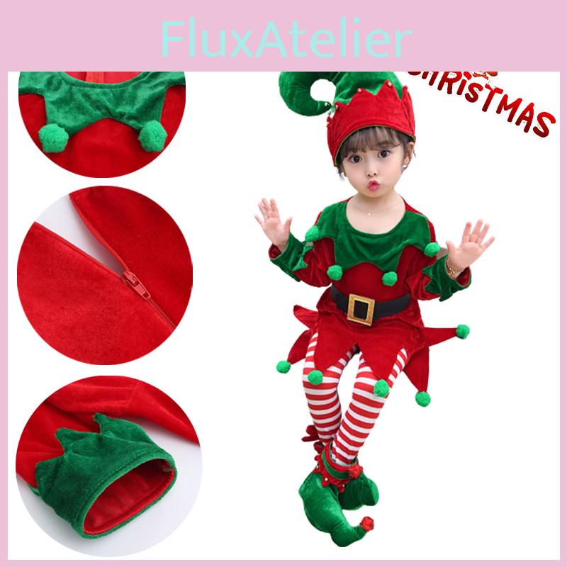 Velvet Boys Girls Christmas Elf Outfit Xmas Party Cosplay Set