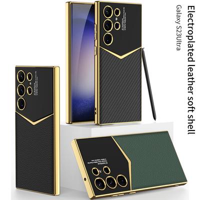 Luxury Leather Gold Electroplating Frame Cover For Samsung Galaxy S25 S24 S23 Ultra Soft Edge S24Ultra S25Ultra Protection Case