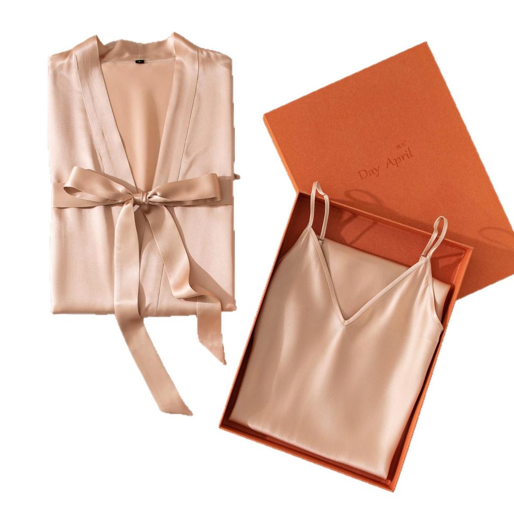 Elegant French Mulberry Silk Camisole & Robe Set for Wedding Morning