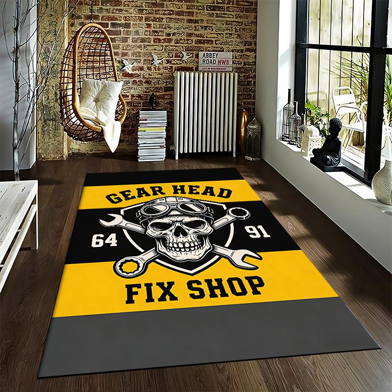 "Gear Head Fix Shop Skull with Tools Yellow and Black Themed Rug" Suitable for use as an anti-slip for living room bedroom sofas