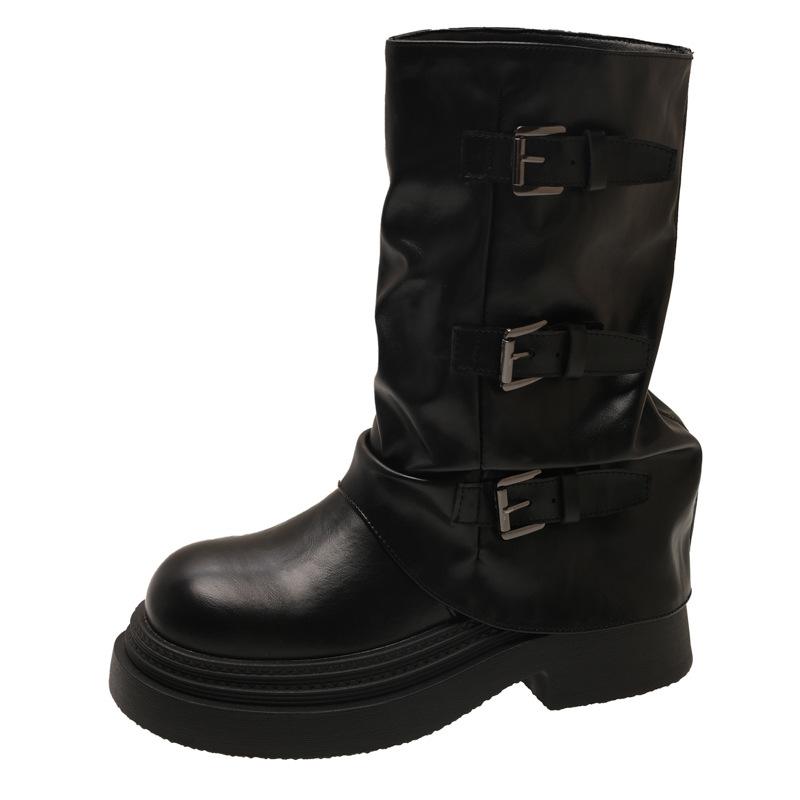 Thick-soled belt buckle pleated medium boots women's 2025 autumn and summer new western cowboy short boots Martin boots pant tube boots