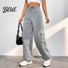Loose Leg Trousers Women Cargo Pants Elastic High Waist Adjustable Drawstring Long Wide-leg with Multi Pockets Wide Design Solid Color Casual