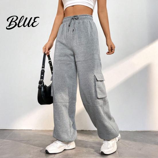 Loose Leg Trousers Women Cargo Pants Elastic High Waist Adjustable Drawstring Long Wide-leg with Multi Pockets Wide Design Solid Color Casual