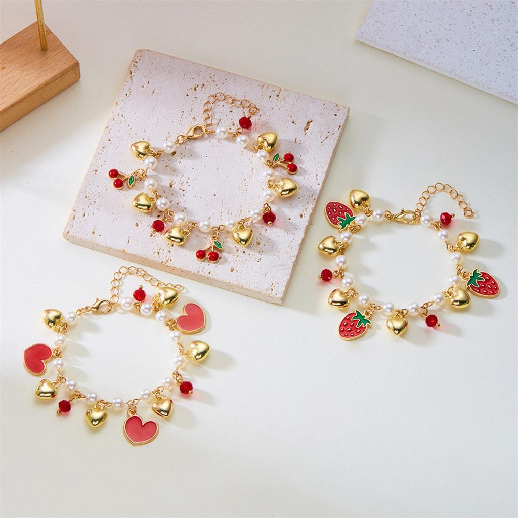 3D Strawberry Cherrys Heart Pearls Beaded Bracelet for Women Adjustable Lovely Vocation Fruit Jewelry Statement Pieces