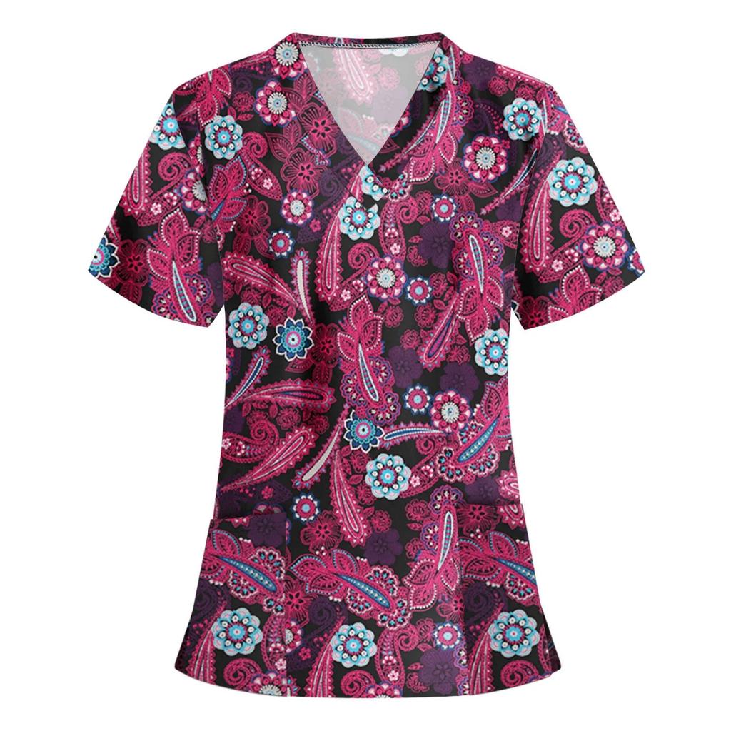 Medical Uniform V-Neck T-Shirts Working Hospital Halloween Short Sleeves Surgical Print Nurse Medical Scrub Print Tops Women Blo