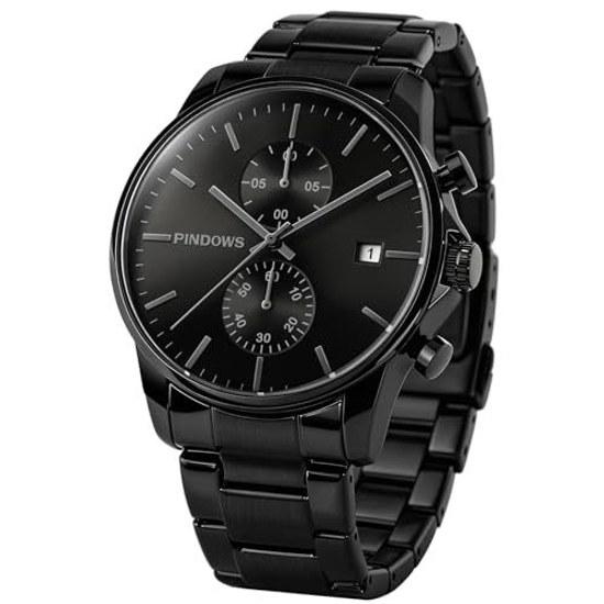 PINDOWS Mens Watch Black - Simple Stainless Steel Chronograph Business Date Display