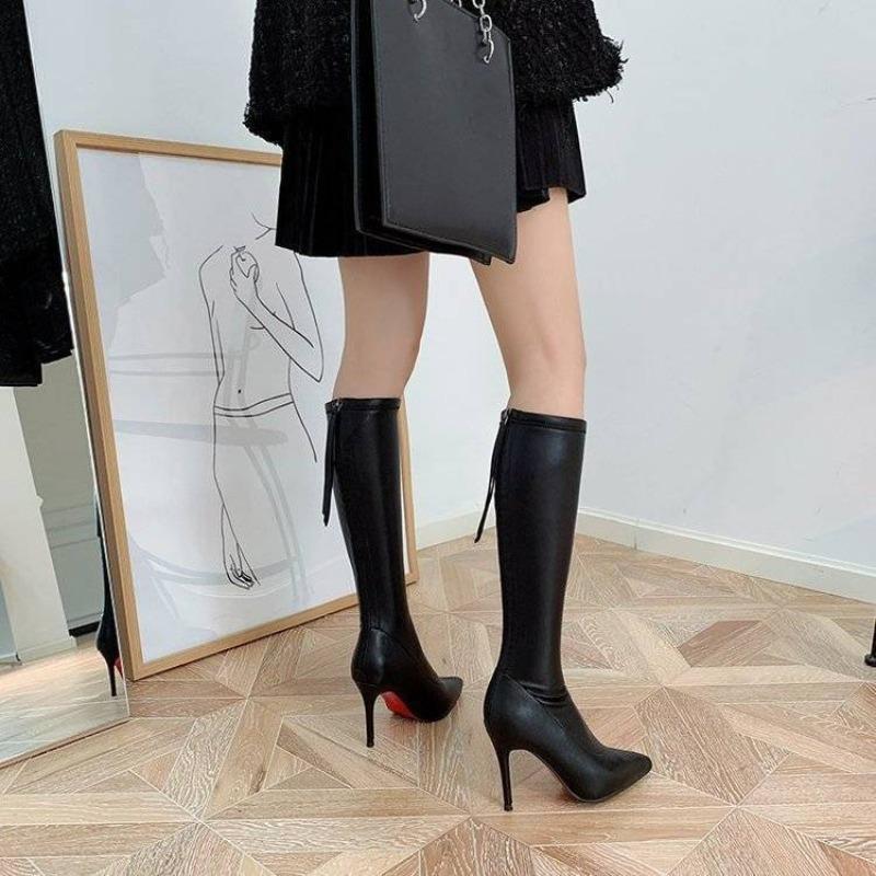 Fashion Leather Stiletto Heel Pointed Toe Long Boots for Women 2025 New Demi-season Work Goth Fashion Hot Knee High Shaft Shoes Woman
