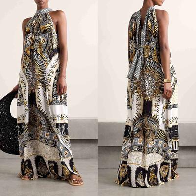 Retro Sweet Printed Off Shoulder Hanging Neck Dress Women's Loose Summer Vacation Dress
