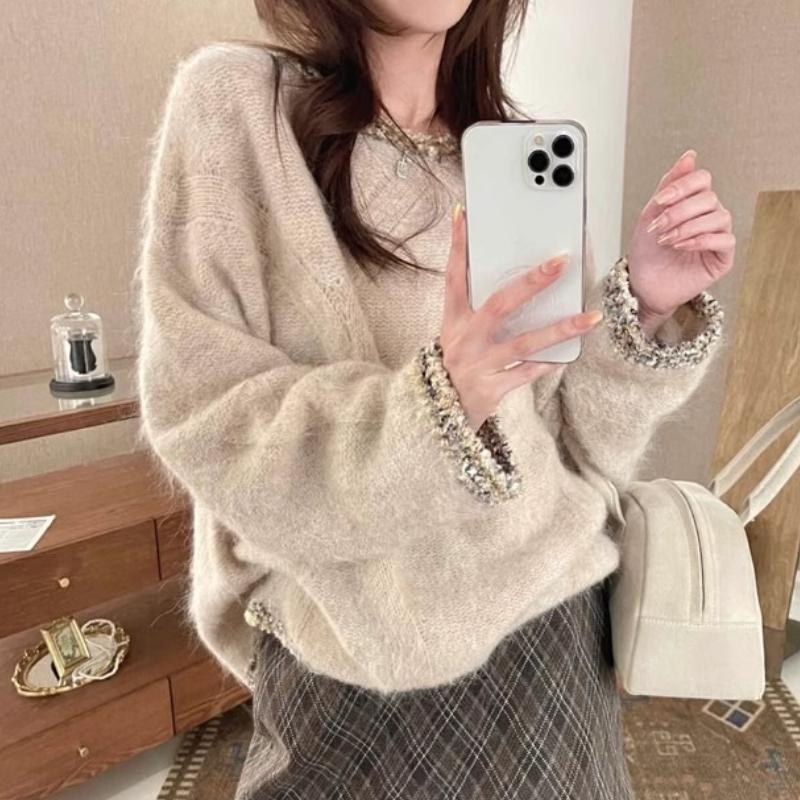 Spring Fall Women Knitwear Lazy Style Pink Elegant Round Neck Pullover Sweater Women Top