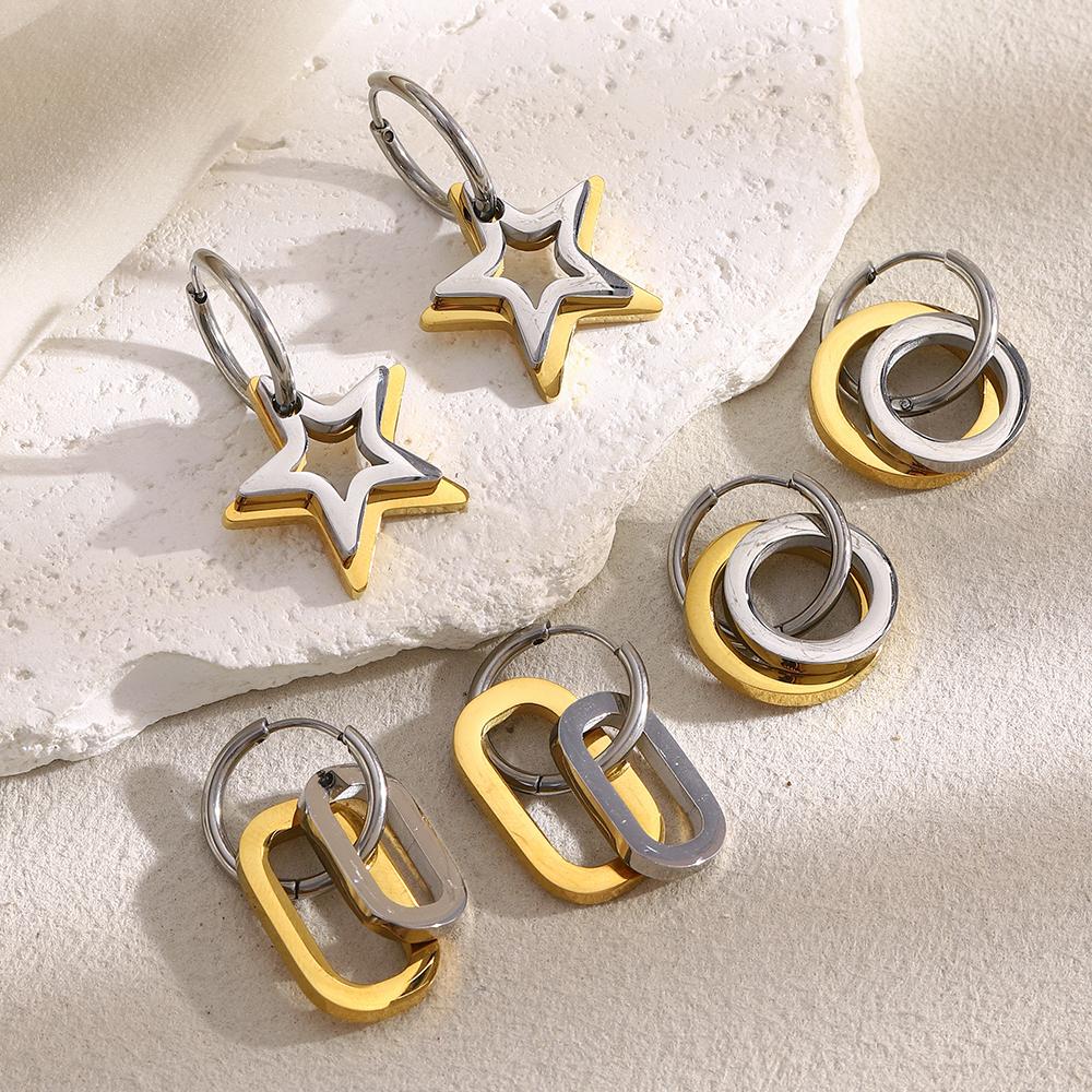 MamacitaSlay 316L Stainless Steel Two Tone Star Oval Round Hoop Earrings Party Waterproof Jewelry Women's Unique Cool Earrings