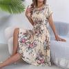 Floral Print Pleated Long Dress Women High Waist Short Sleeve A Line Spring Summer
