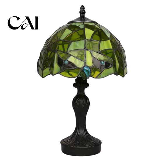 Retro Green Resin Table Light Stained Glass Desk Lamp, Hand-Carved Base Vintage Tiffany Style Decorative Lighting for Bar Bedroom Study Room