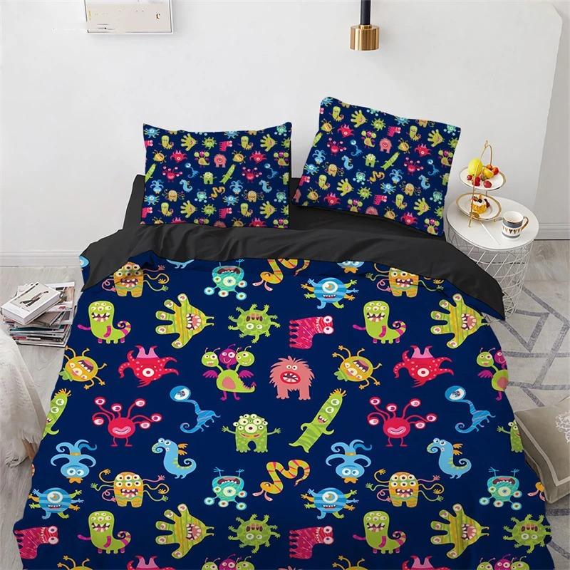 

Пододеяльник с изображением мультяшного монстра размера King Queen, милый комплект постельного белья с забавными животными для детей, мальчиков и девочек, полиэстеровый чехол для одеяла в стиле аниме EU Single 135x200cm