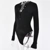 2021 Casual One-pieces Bodysuits Sexy V Neck Knitted Bodysuit Women Black Long Sleeve Buttons Rompers Womens Jumpsuit