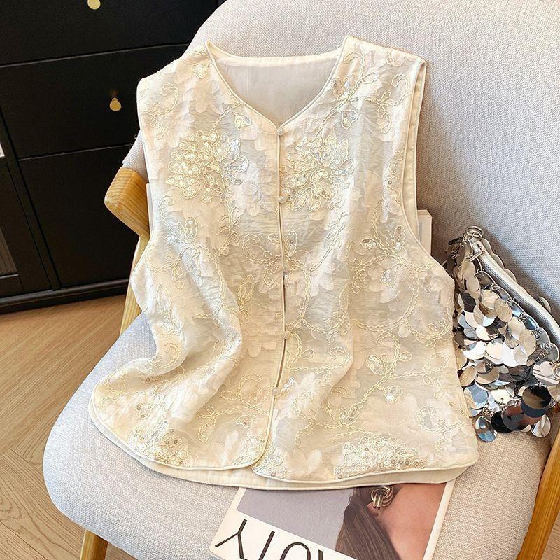 Vest women's  summer new embroidered organza stacked shirt mesh thin vest