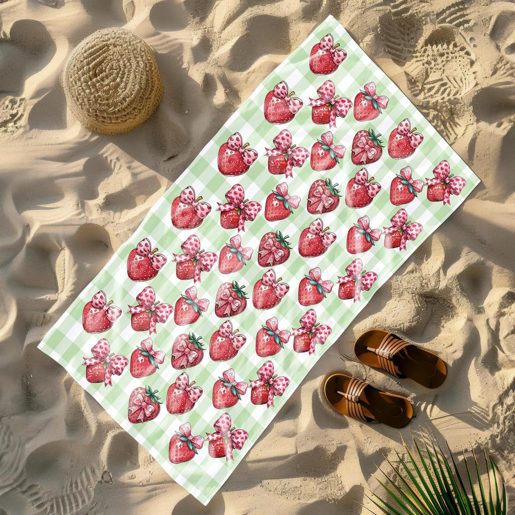 Strawberry Beach Towel, Cute Gingham Picnic Style Summer Towel, Soft Sand Free Towel for Pool Beach,Light Towel