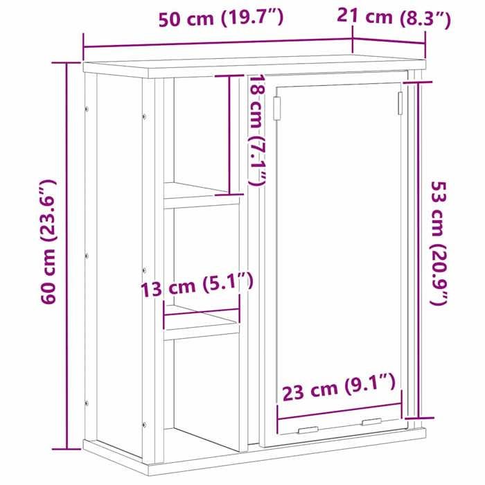 VidaXL Armoire murale de salle de bain miroir sonoma gris 50x21x60 cm, armoire suspendue de salle de bain, meuble mural de 861905
