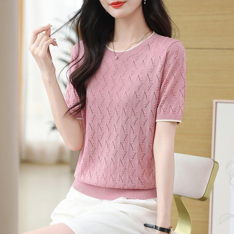 Summer Women's Round Neck Knitted T-shirt Women's Knitted Sweater with Hollow Out Thin Design Slimming Top