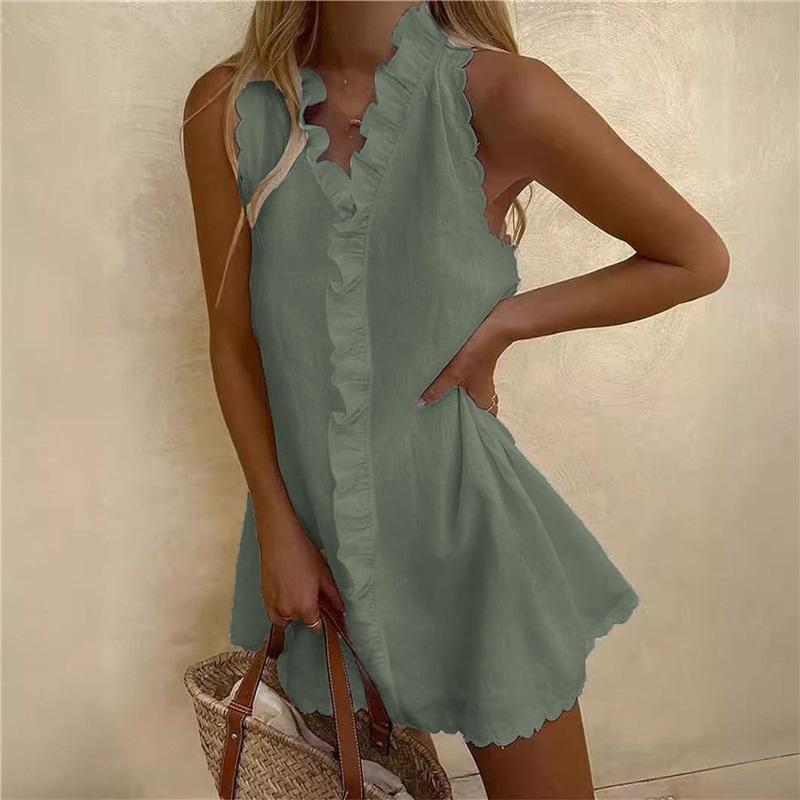 Women's Sleeveless Mini Dress With Wavy Ruffles V-neck Buttons, Loose Casual Beach Skirt