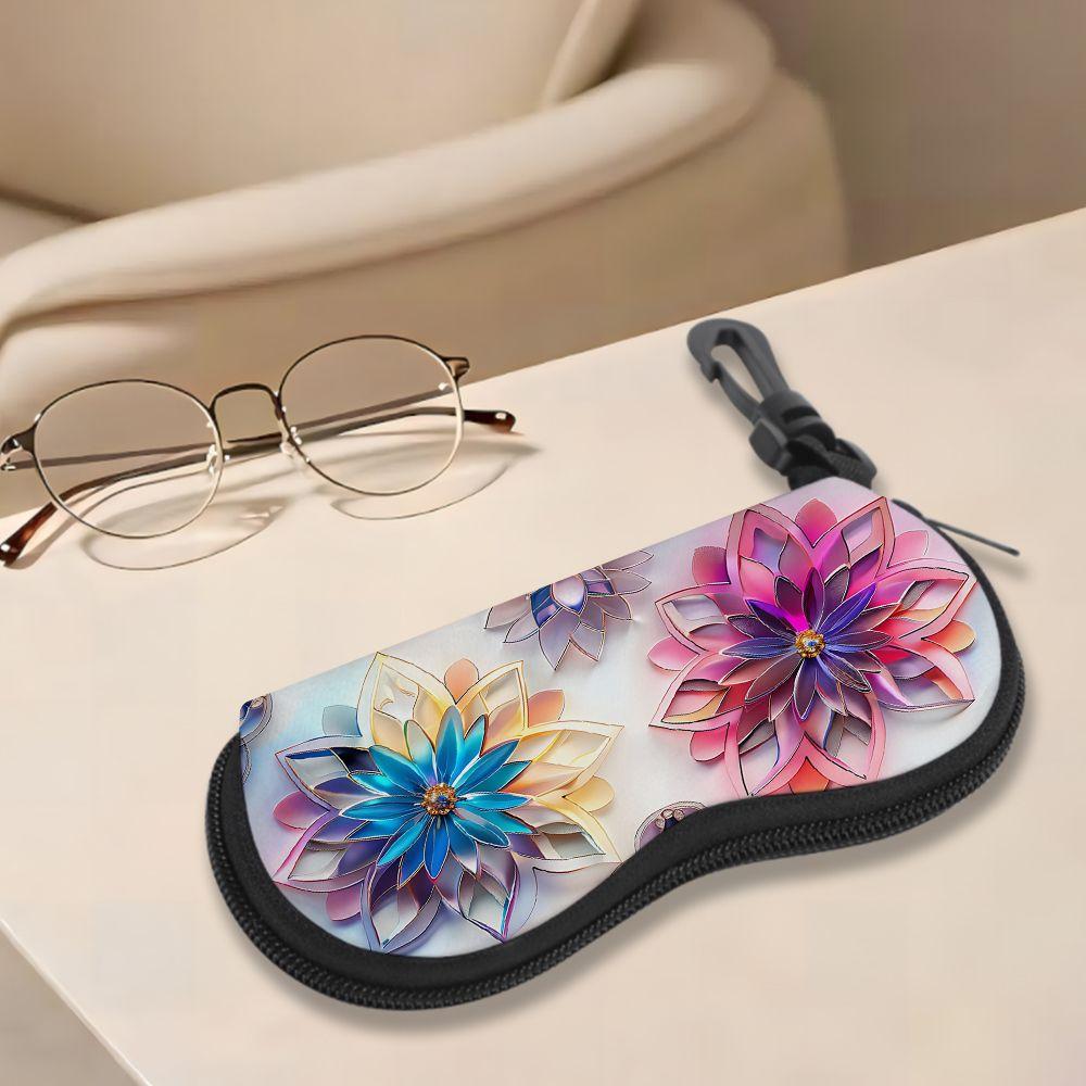 2D-Colorful Floral Pattern Zipper Sunglasses Case, Protective Eyewear Container with 3D Flower Print, Travel Glasses Organizer for Women Gift